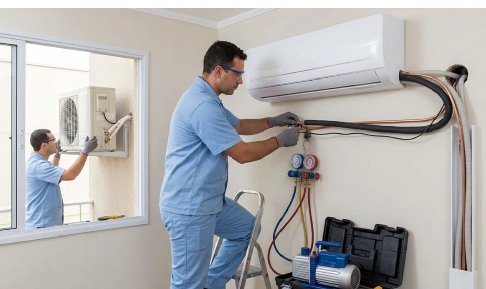Técnicos instalando ar-condicionado